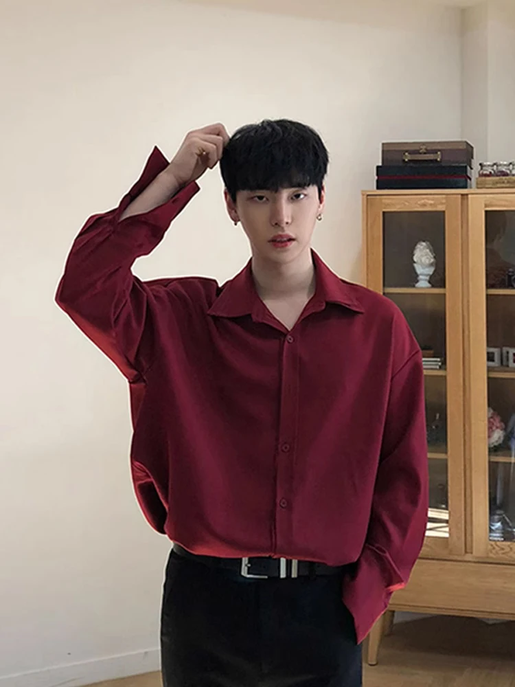 

Красный корейский свободный драпинг Long Sve Мужская внутренняя одежда irt Youth Faion Полиэфирное волокно без железа Treaent