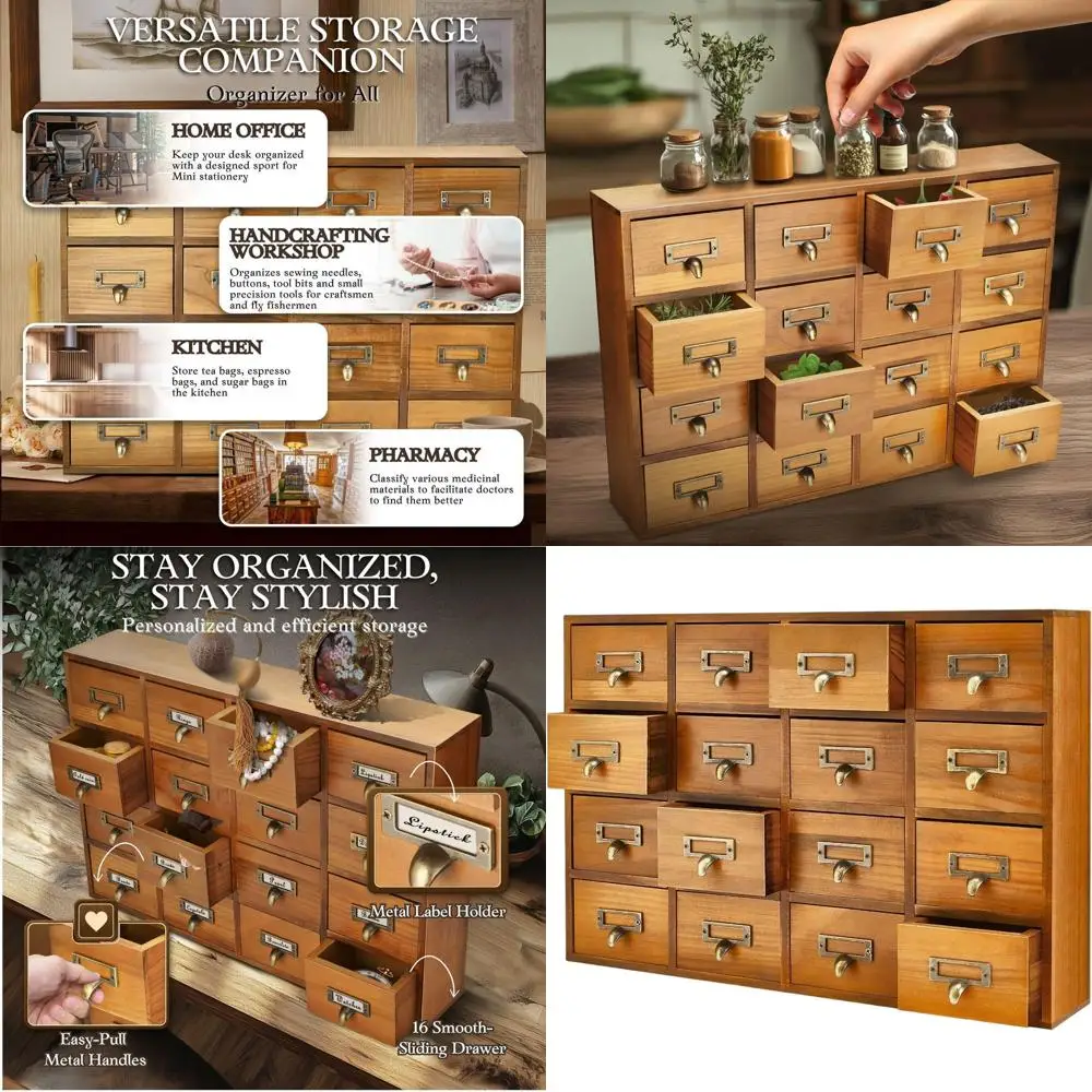 

Винтажный деревянный аптекарийный шкаф — настольный органайзер с 16 ящиками для дома и офиса, хранилище ювелирных изделий, макияжа, инструментов, коричневый