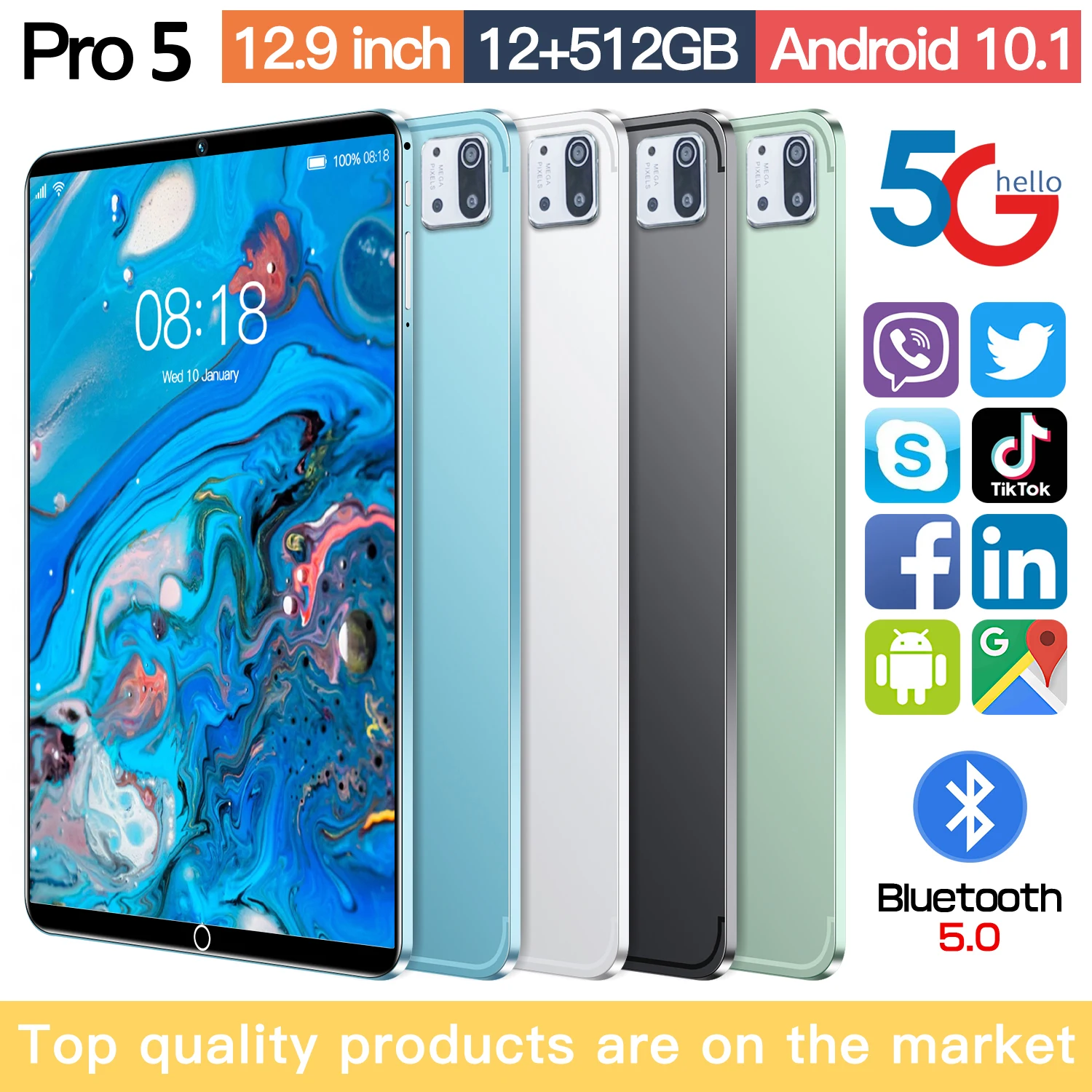 Android 2024, Model Global Pro 5 Android 10.1 layar HD SIM ganda Standby ganda 12GB RAM 12.9 mAh GPS WiFi 8MP + 13MP Tablet PC populer 8800