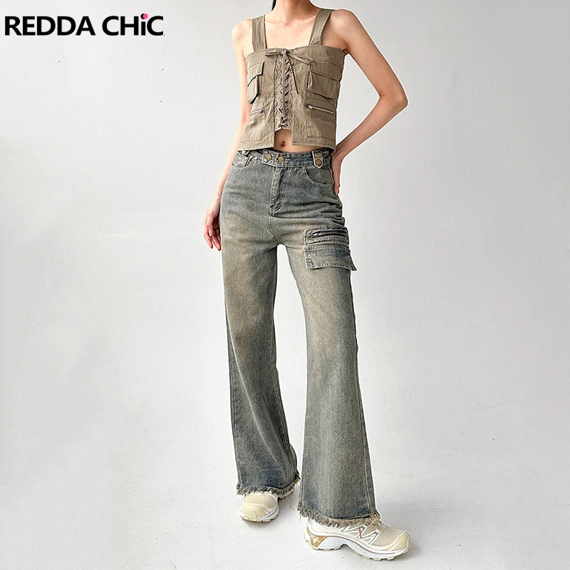 

ReddaChic Dual Bottons High Waist Flare Jeans Women Plus Size Vintage Wash Raw Edge Wide Leg Casual Bootcut Pants Y2k Streetwear