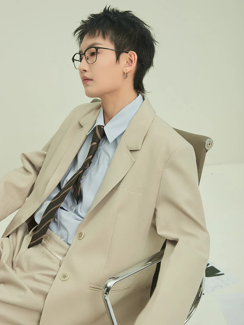 HIER Neutral Sle Casual Embroidered Khaki Cheered Texture Flat Collar Suit for ort Women Original Design Long Sve