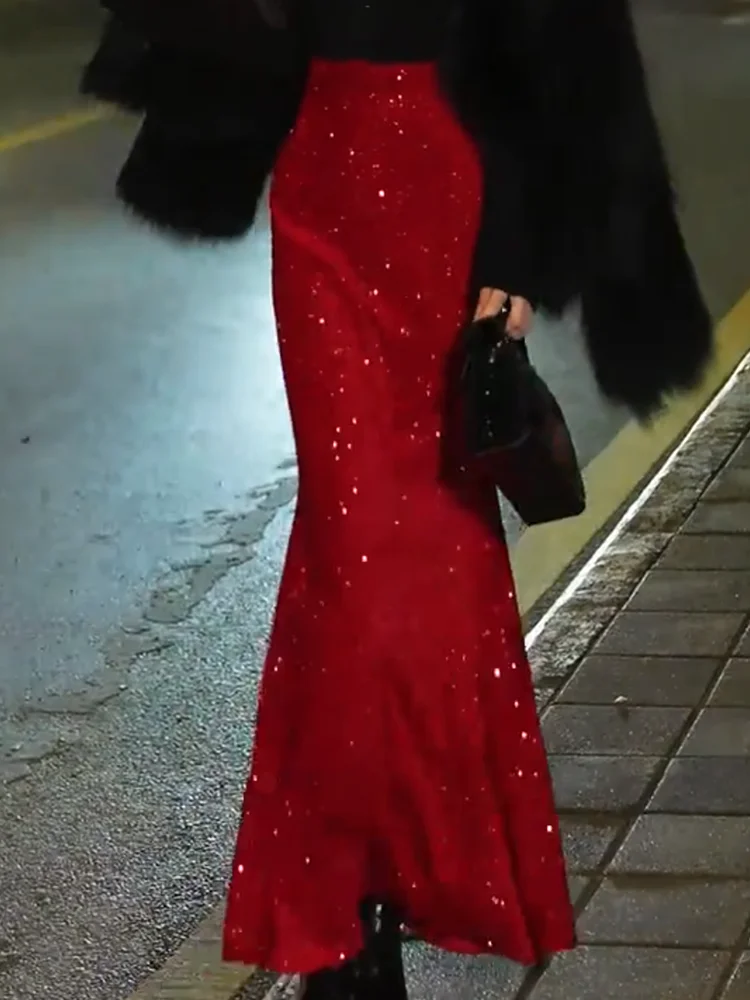 

Elegant Sequin Fish Tail Half Skirt Slimming Fashionable Autumn Winter New Style Commute Korean Version plus Size Skirt