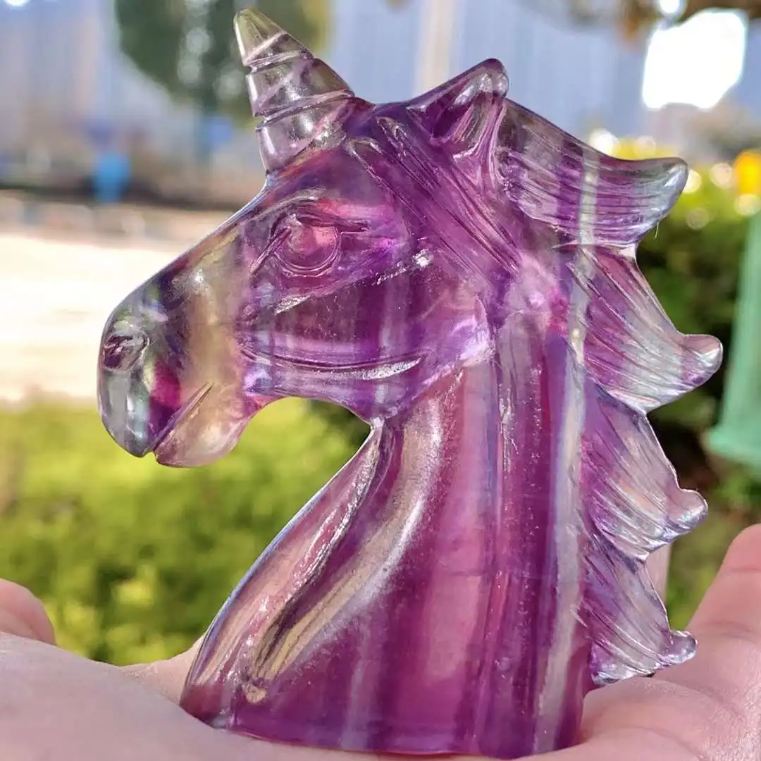 

7cm Rainbow Colour Fluorite Carved Unicorn Macaron Tones Aesthetic Ornaments Natural Stone Crystals Crafts Dropshipping