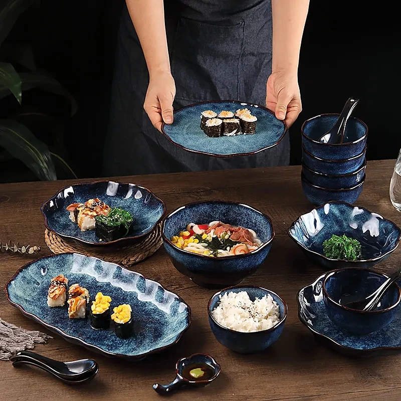 Nordic Blue Vintage Tableware Set Kiln Glazed Ceramic Rice Salad Round Dish Dinner Plate Bowl Dinnerware Set microwave safe