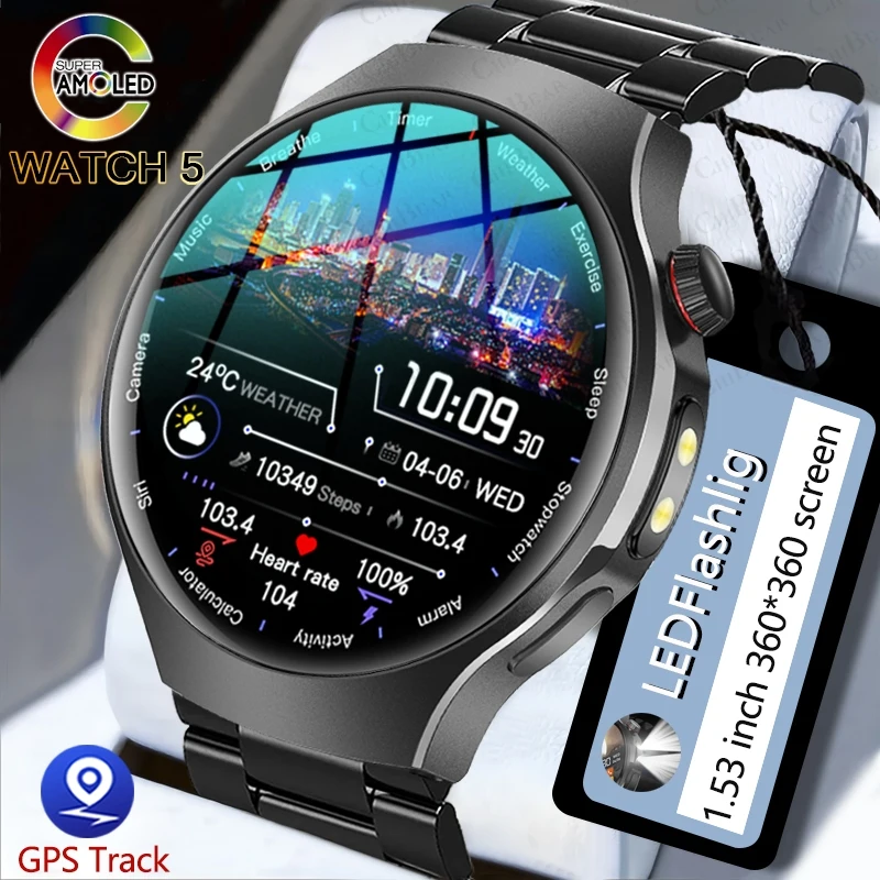 2026 New Watch 5 Smart Watch  Men LED Flashlight GPS Sports Watch 390*390 HD AMOLED Heart Rate Bluetooth Call Smartwatch