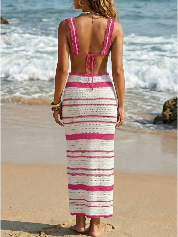 ชุดคลุมว่ายน้ำแบบ 2 ชิ้น เสื้อครอปท็อปและกระโปรงยาวลายทางเว้าเซ็กซี่สำหรับใส่ไปทะเล