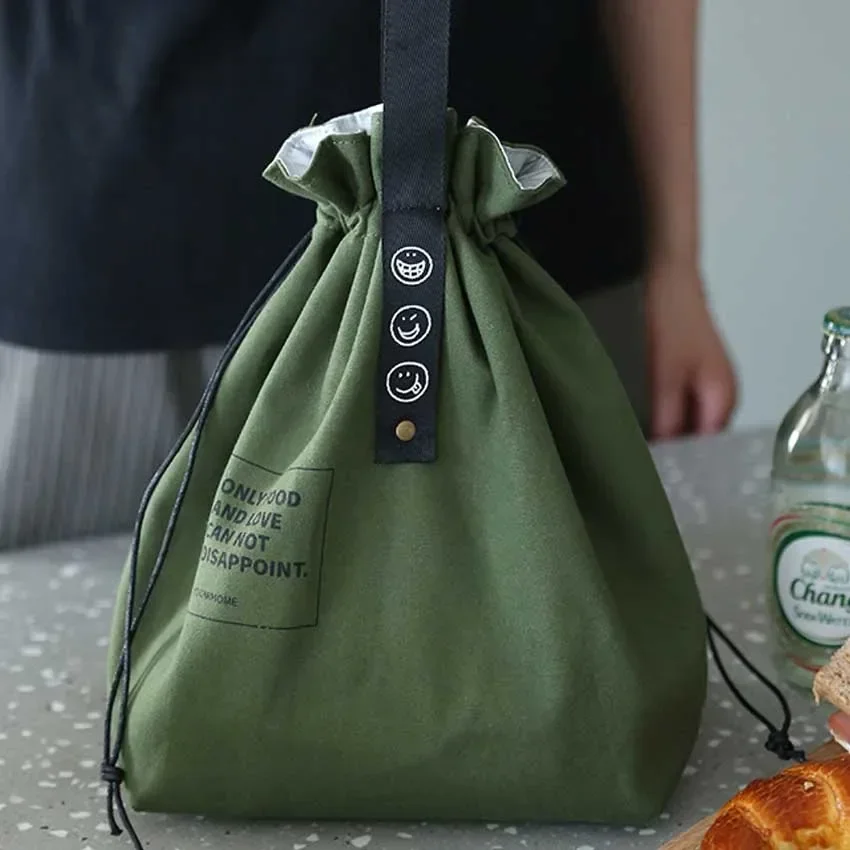 Simple Drawstring Insulated Lunch Bag Portable Picnic Fruit Cooler Bag Large Capacity School Work Lunch Case Organization