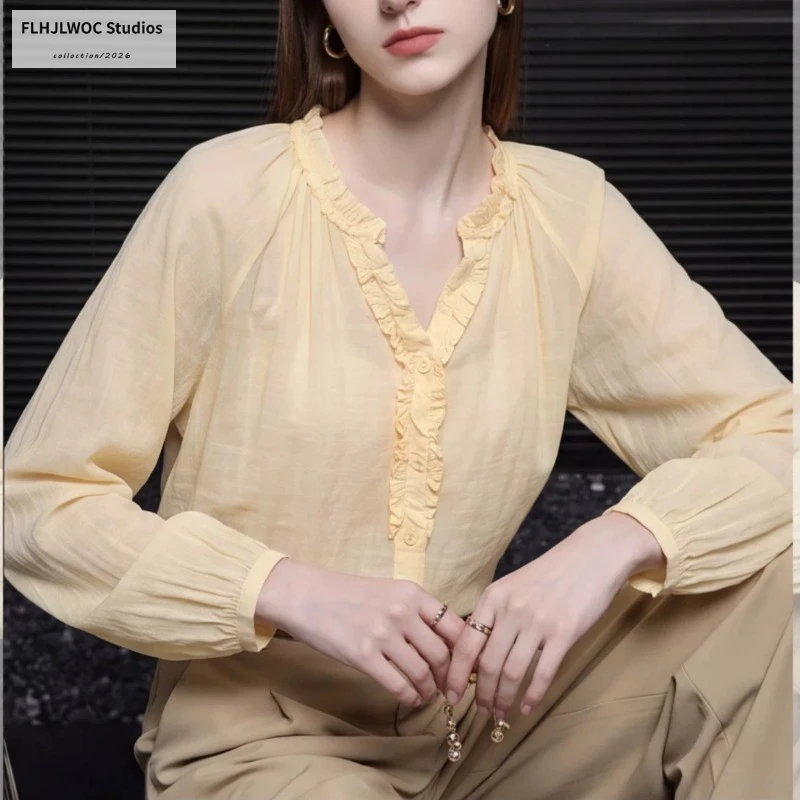 FLHJLWOC Women’s Ruffle Blouse V Neck Semi-Transparent Thin Long Sleeve Sun Protection Shirts Breathable Loose Casual Top