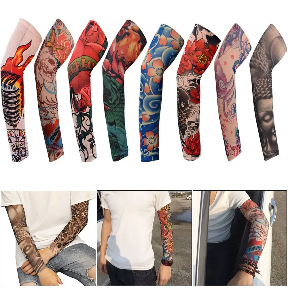 1Pcs New Flower Arm Tattoo Sleeves Seamless Outdoor Riding Sunscreen Arm Sleeves Sun Uv Protection Arm Warmers For Men Women