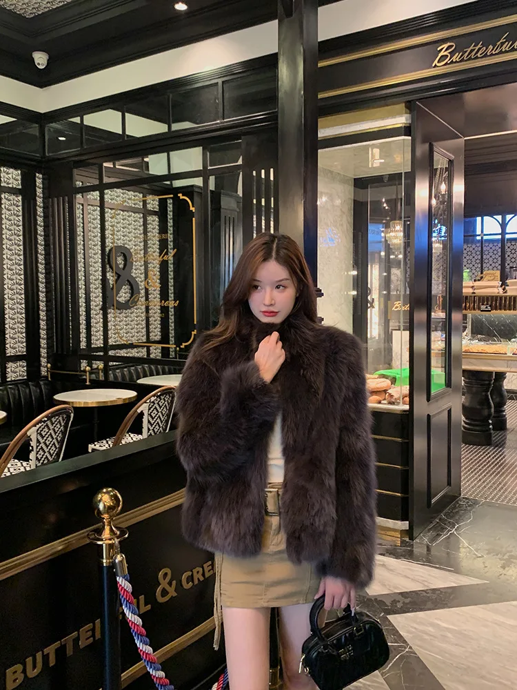 Women Faux Fox Fur Coats Solid Fur Jackets Cotton Linen Stand Collar Long Sleeves Open Stitch Loose Casual 2026 Autumn Winter