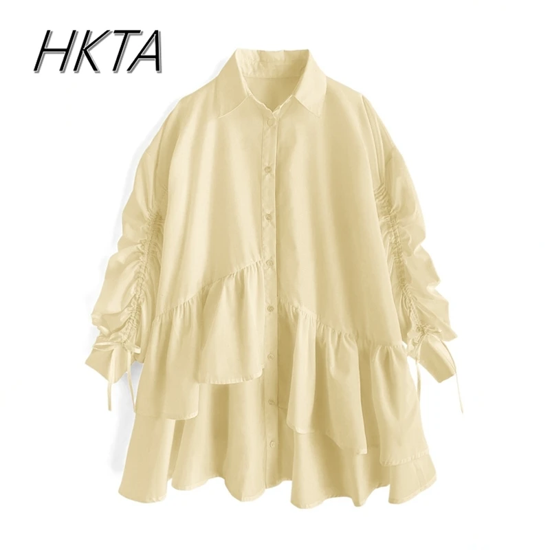 Japanse zoete asymmetrische ruche lange trekkoord mouw polokraag shirtjurk dames vouw commuter losse blauwe lange blouse