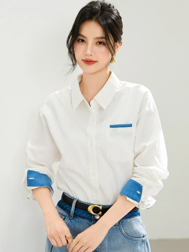 

Cotton Color Blocked Blouse Women Shirt 2025 Autumn New Korean Style Simple Polo Collar Long Sleeved Tops Mujer Camisa Feminina