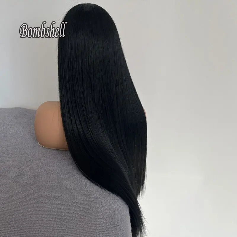 Bombshell High Quality Jet Black Color Straight Synthetic 13X4 Lace Front Wigs Heat Resistant Fiber Natural Hairline For Women