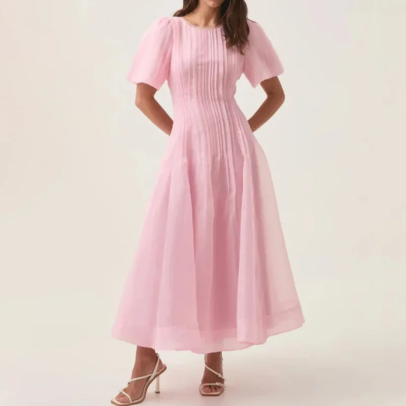 Verão 2025 feminino em torno do pescoço dupla camada tecido trabalho pesado vestido de manga curta y2k alta qualidade moda rua a linha saia