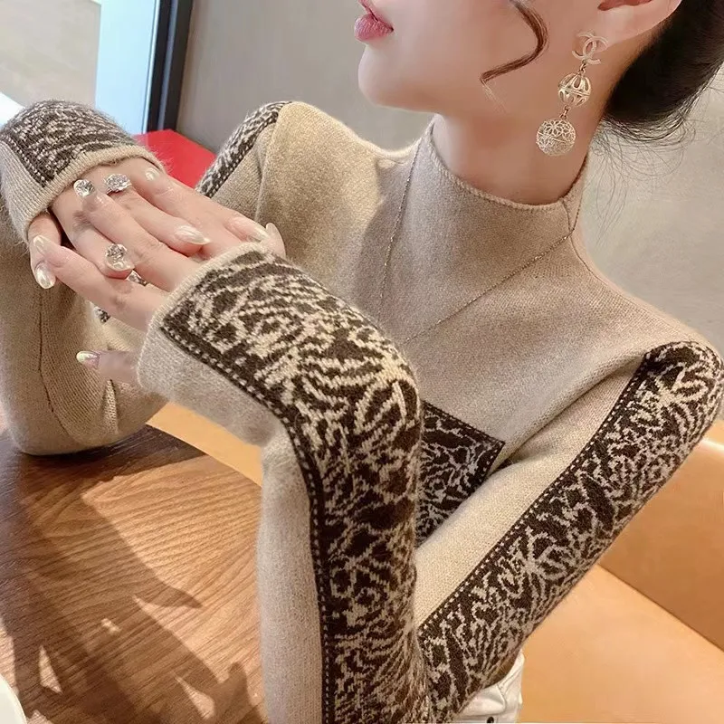 Women Half Turtleneck Knit Sweater Integrated Fleece Pocket Jacquard Long Sleeve Slim Fit Layering Top For Autumn Winter