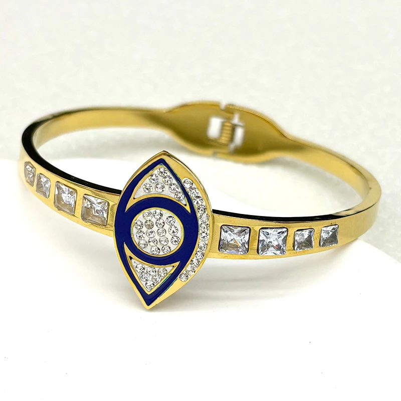 

Vintage Crystal Evil Demon Eye Bracelet Bangles for Women Stainless Steel Gold Plated Rhinestones Hand Chain Jewelry Gift