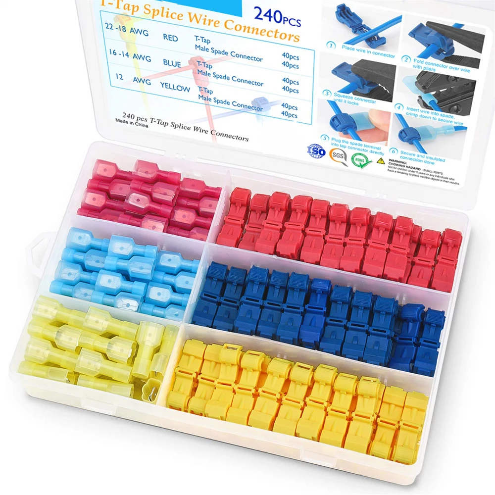 

120/240 пар T-Tap разъем для проводов, самозачистка, быстрое сращивание, клеммы для электрических проводов, изолированный комплект лопаточных клемм