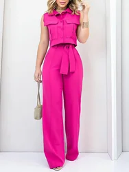 Sleeveless Short Top Summer Long Pants Set Casual Slim Women Solid Pants Two Piece Suit Female Pockets Pants Streetwear Outfits