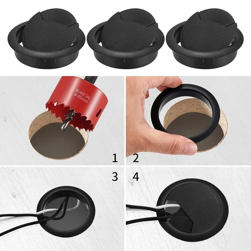 20-Pack Cable Grommet Desk, Cable Pass-Through, 60Mm Plastic Cable Cover With 1 X Hole Saw, Black Cable Outlet Round, Durable