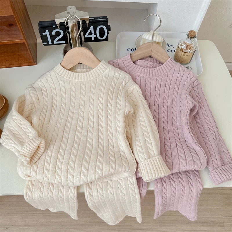 Fashion Girl\'s Sweater Suit Korean Round Neck Knitted Top + Drawstring Slim Pants Two Piece Set for Girls 2024 Spring New