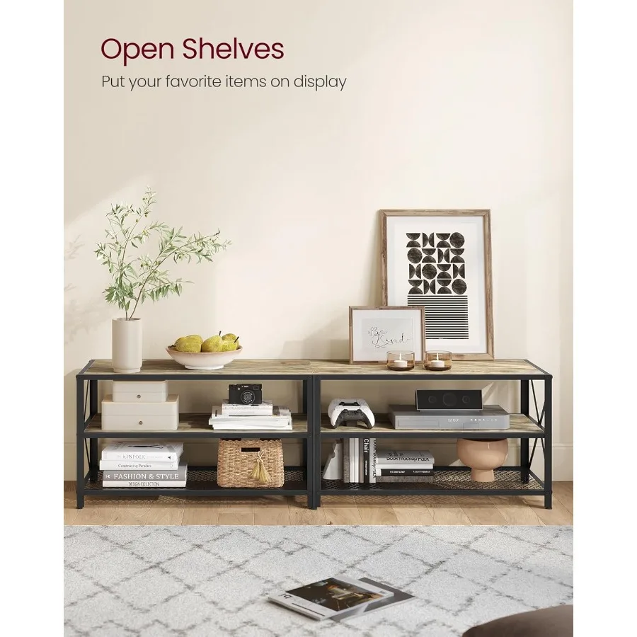 حامل تلفزيون لأجهزة التلفاز حتى 75 بوصة 70.1 بوصة وحدة تحكم تلفزيون واسعة مع أرفف تخزين إطار فولاذي تركواز بني وأسود معيشة #5