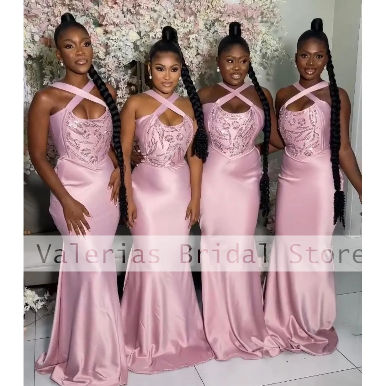 

New Pink Bridesmaid Dress Sequined Sleeveless Satin Elegant Wedding Party Dresses Long Maid Of Honor Gown Robes Invitée Mariage