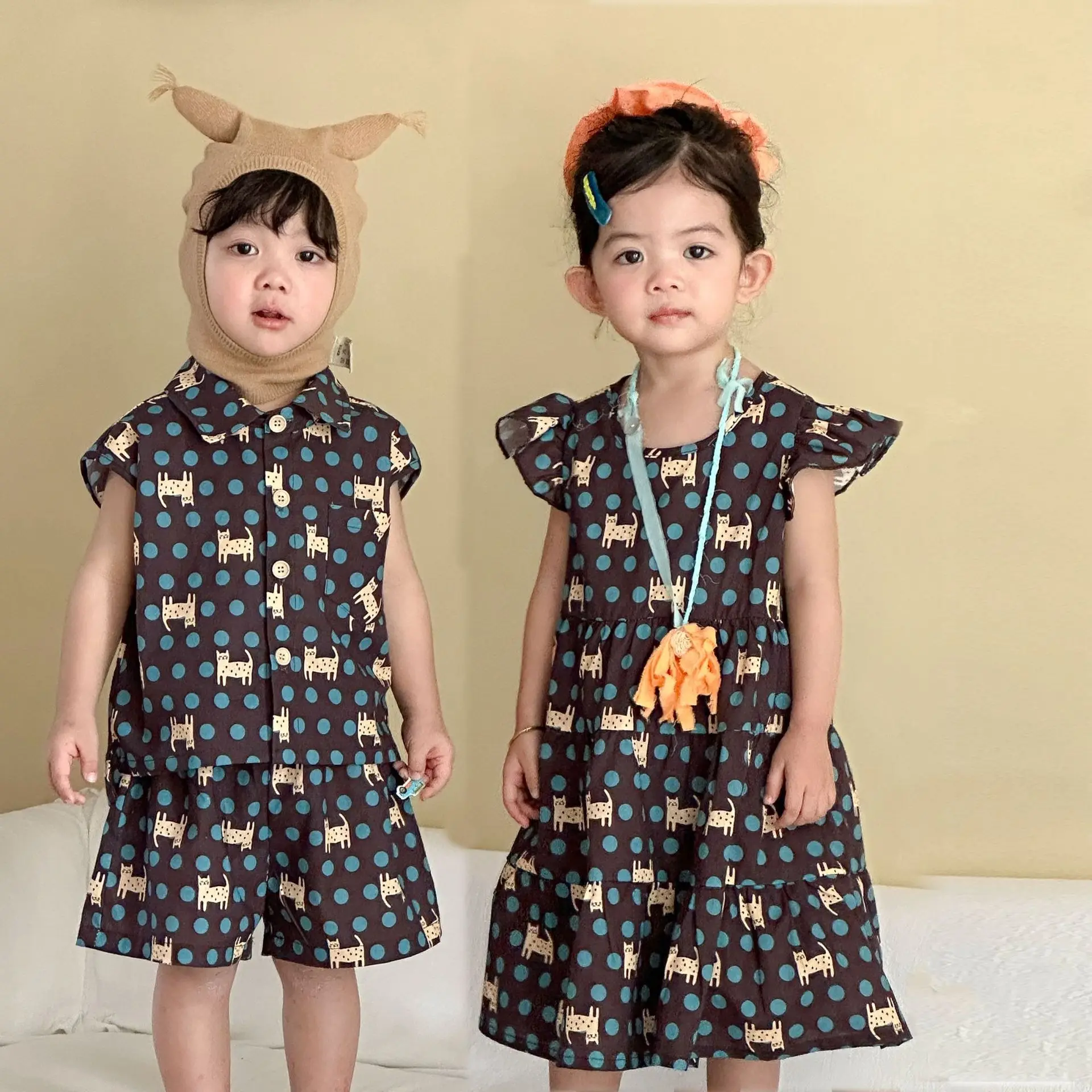 

RAISE Summer Matching Sibling Outfits 2026 Cat Dot Print Kids Girls Dress Baby Boy Short Sleeves Short Suit Brother Sister Look