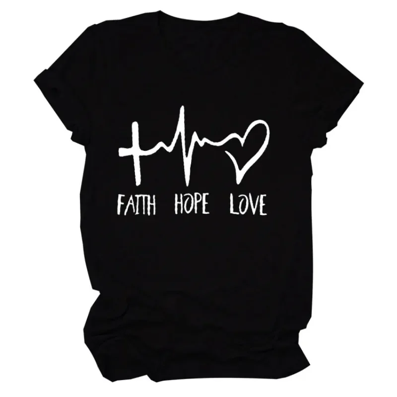 COTTON 100% FAITH HOPE LOVE  Female European and American Street Fashion Loose Upper Garment Graphic Tops Aesthetic  Oversized