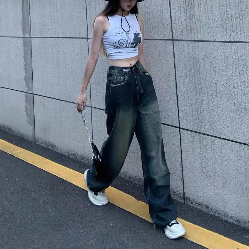 Baggy Jeans Women Wide Oversized American Retro High Waist Denim Trousers Feminine Streetwear Retro Simple Stretchy Aesthetic