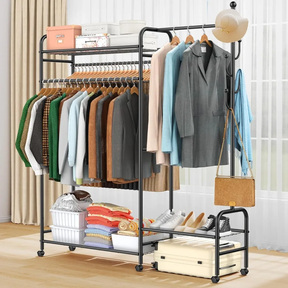 

3-In-1 Clothes Racks For Hanging Clothes with Coat Rack, Heavy Duty Clothing Rack with Shelves Load 620Lbs, Portable Garment Rac