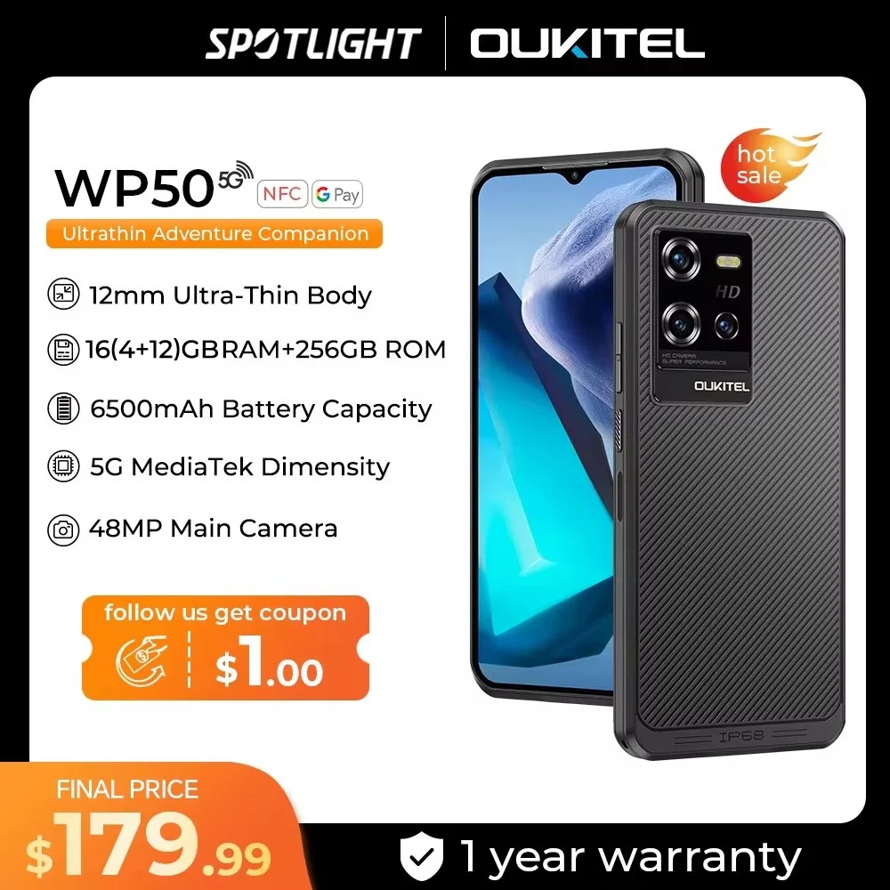 Oukitel WP50 5G Rugged Smartphone 6.60"  HD+ 6500mAh 16GB+256GB Mobile Phone Android 14 48 MP NFC Cell Phone