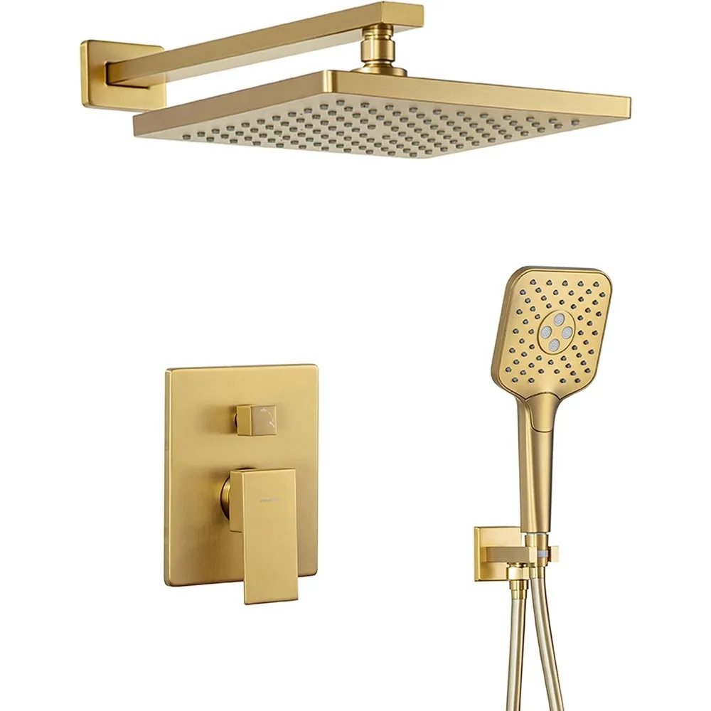 

Brushed Gold Rain Shower Head System with handheld Spray Combo, Shower Diverter and Brass Valve Trim Kit, Faucet Set