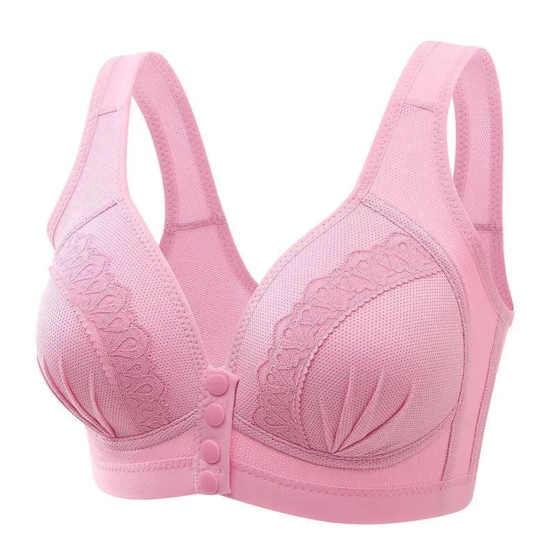 KUCLUT  Gather Breathable Comfortable Breast-free Underwire Middle-aged Mom Bra With Large Size Front Buttons Nursing Underwear