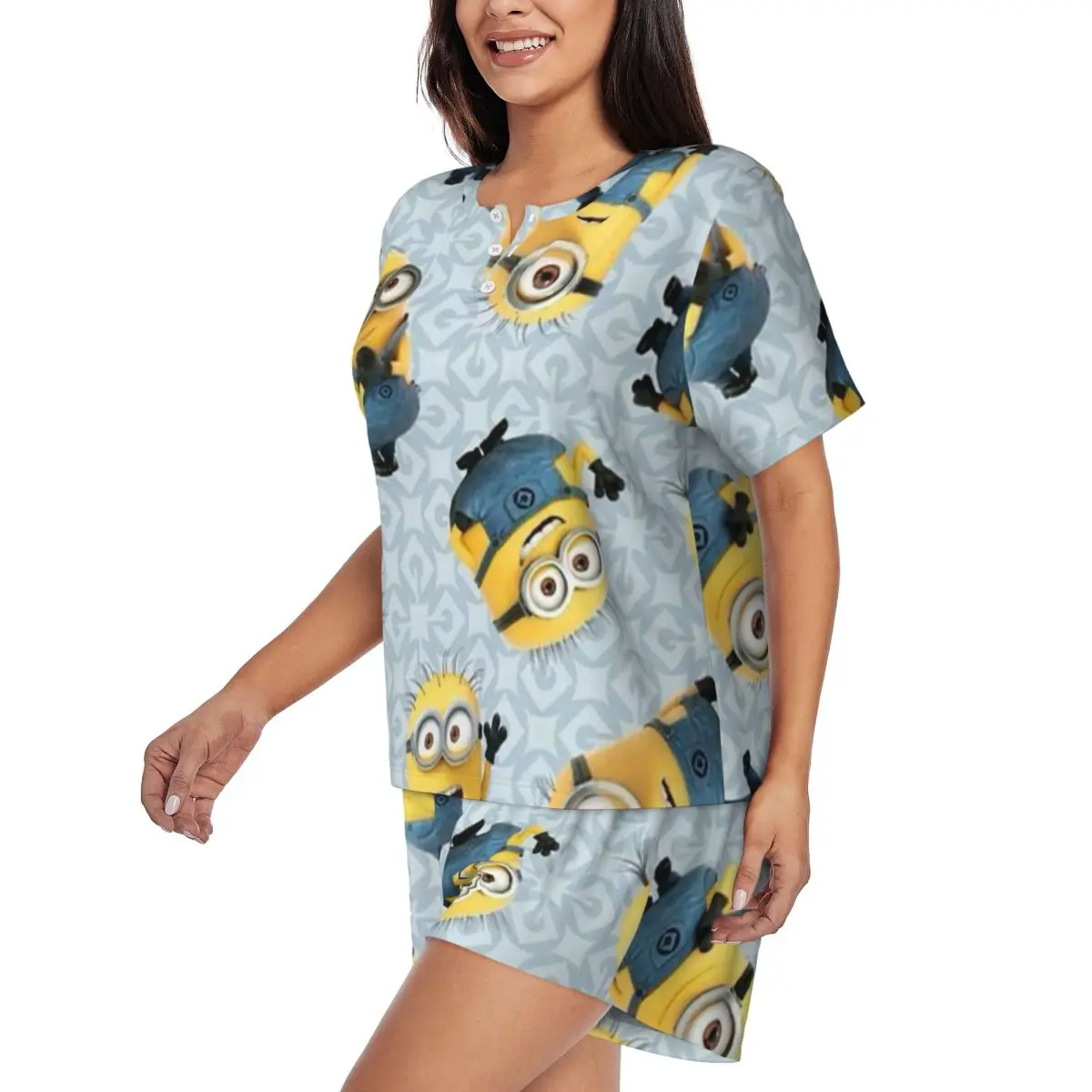 Custom Cartoon Animation Minions Pajamas Set Womens Short Sleeve Sleepwear Loungewear 2 Piece Pjs