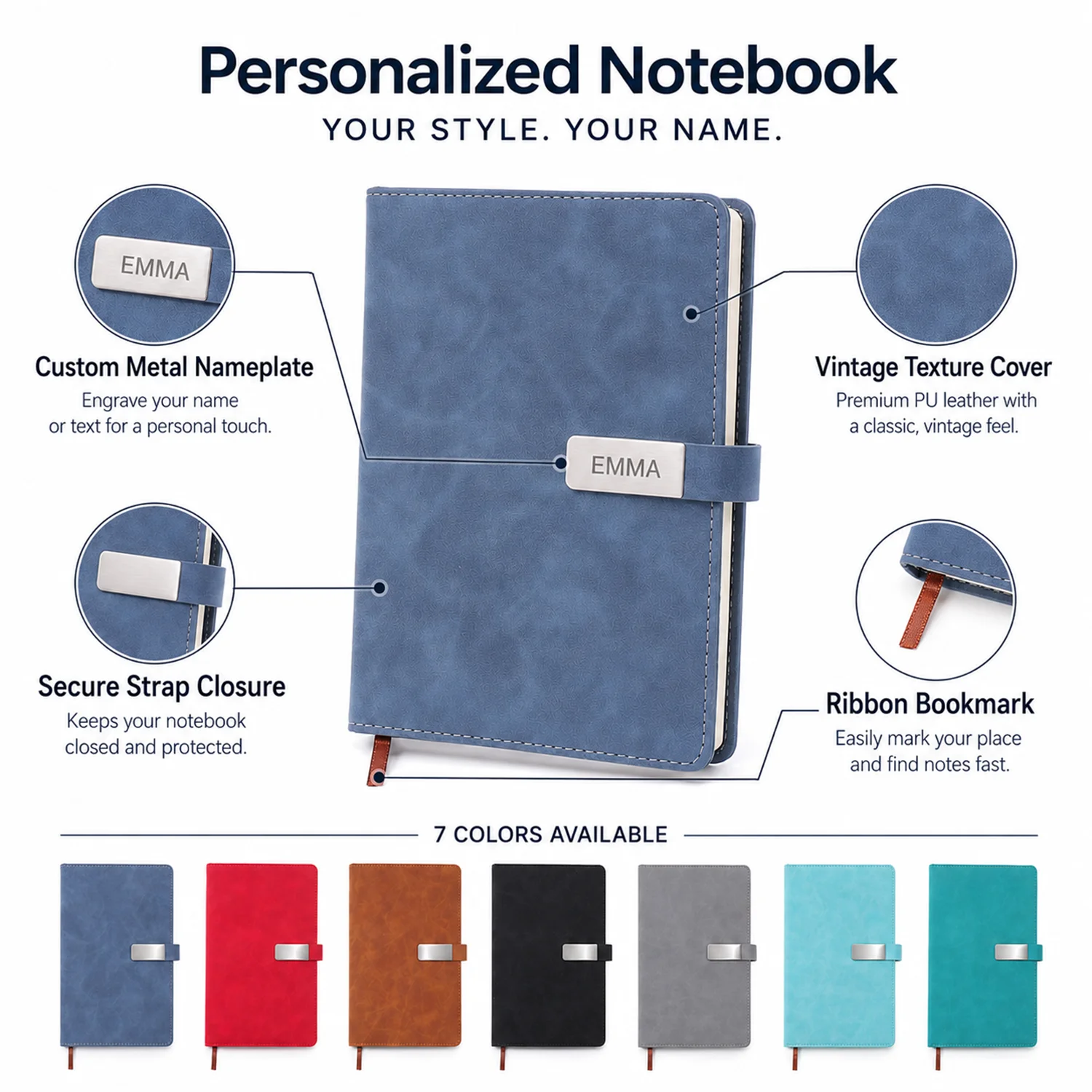 Custom Personalized Notebook with Metal Nameplate, Engraved A5 Journal for Women Men, Vintage Hardcover Notepad for Work or Trav - view 4