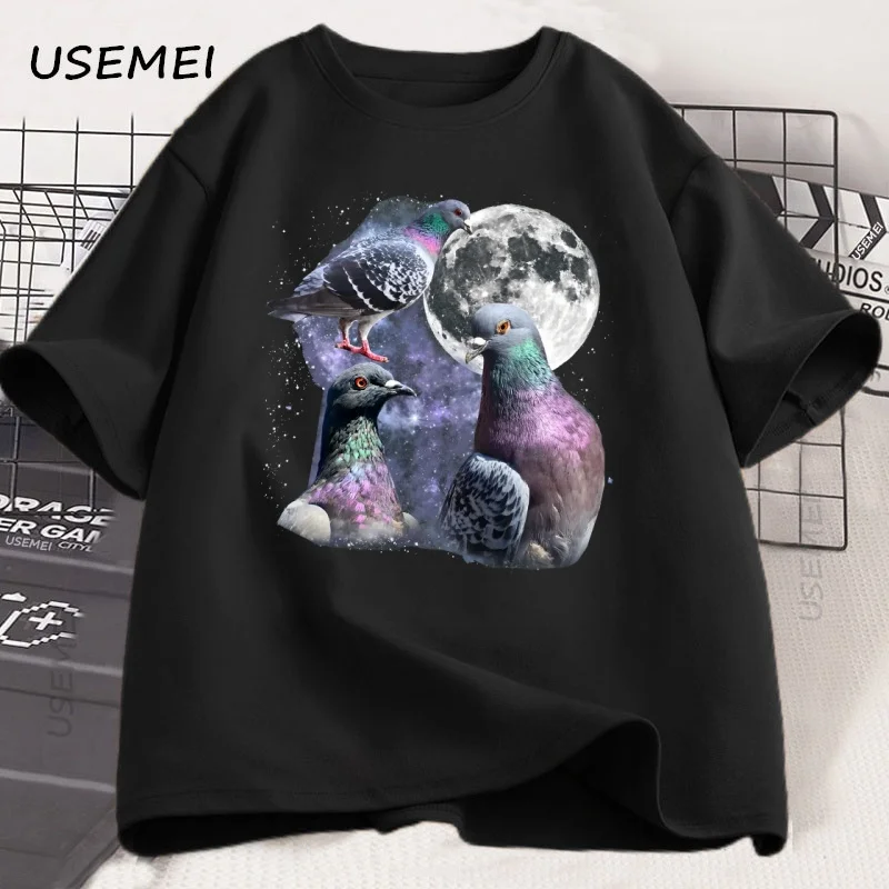 Three Pigeon Retro Graphic T-shirts Pigeon Moon T Shirt Oversized Bird Tee Men Women Printed Cotton Short Sleeve Clothes Tops - Image 2