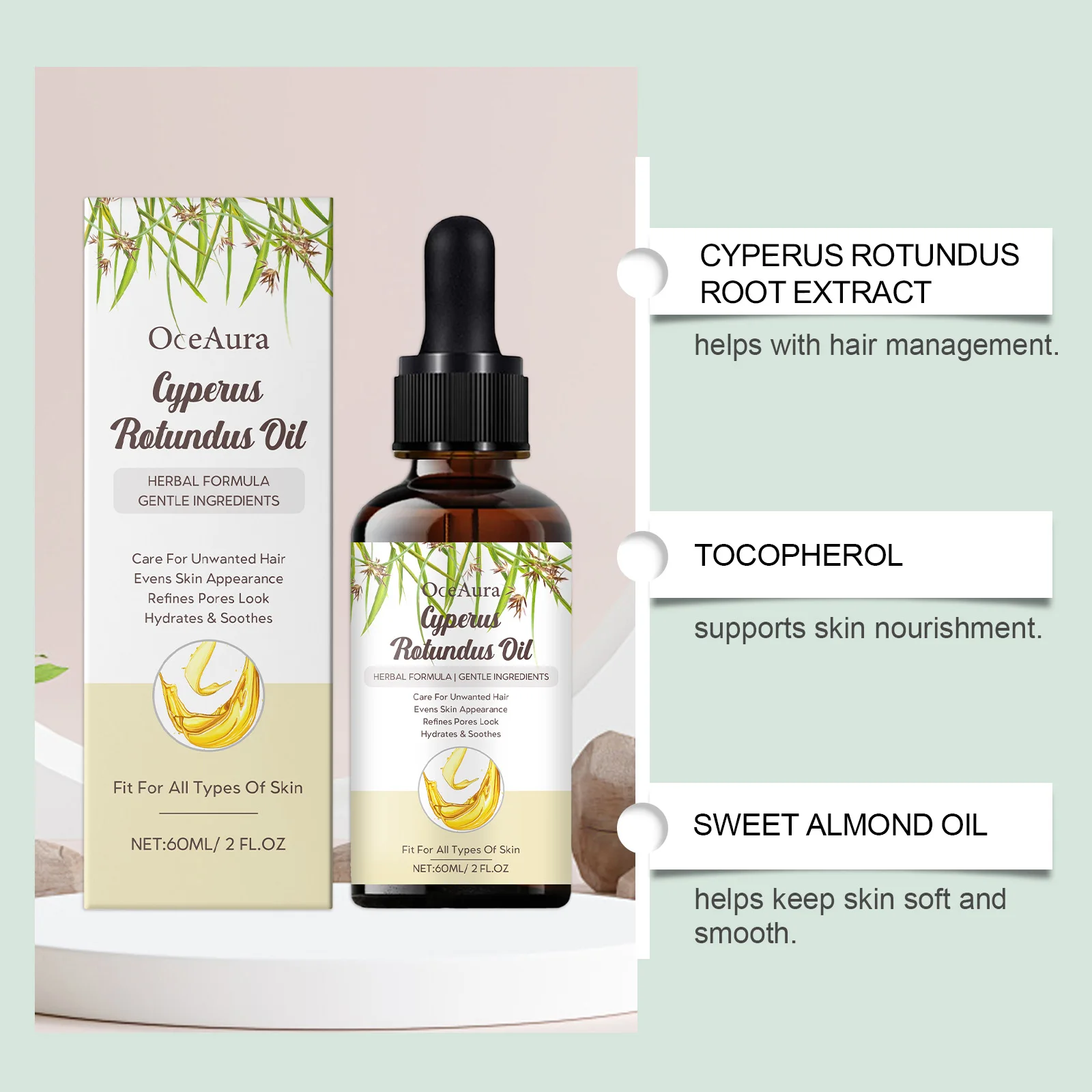 Natural Cyperus Rotundus Oil 60ml for Hair Removal Moisturizing Soothing Skin Reducing Body Hair Growth Painless After Shave Oil