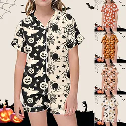 Children's Leisure Halloween Print Set Baby Boys Girls Silk Satin Cardigan Short Sleeve+Shorts Sets Children Soft Home Sleepwear