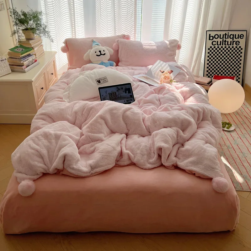 

2024 new winter thickened rabbit plush bed four-piece set premium plush bedding coral flannel quilt cover