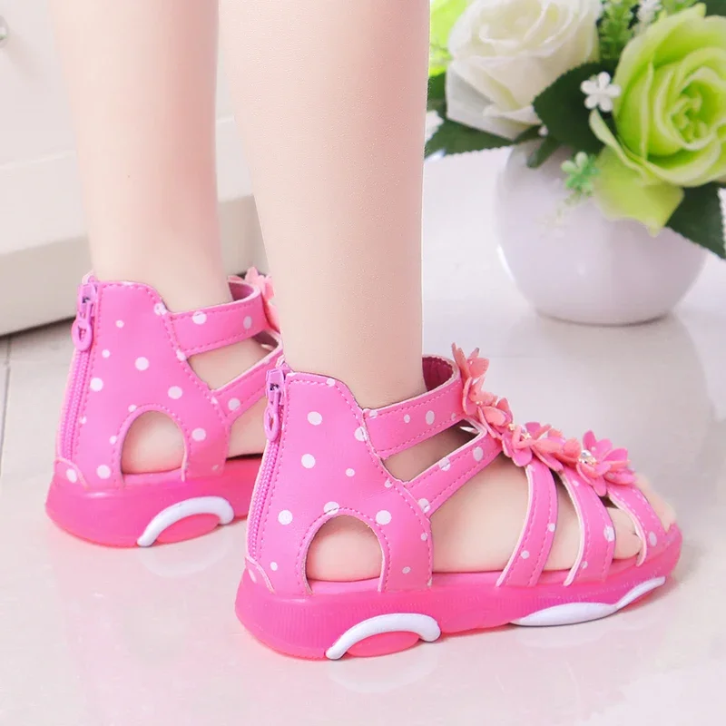 Girls Sandals Flowers Kids Roman Sandals Children Gladiator Shoes Soft Leather With Dots Zipper Pearl Beading Toddler 1-12 Years