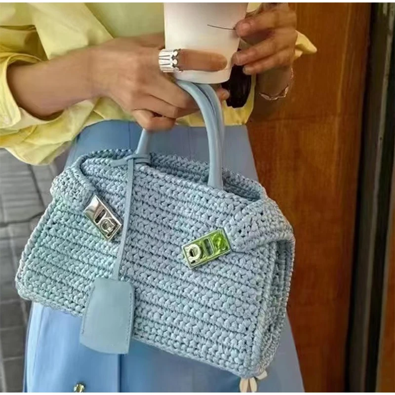 Fresh Blue Hand-woven Women\'s Bag 2024 New Casual Versatile Straw Bag Handbag Lock Buckle Seaside Holiday Style Bag