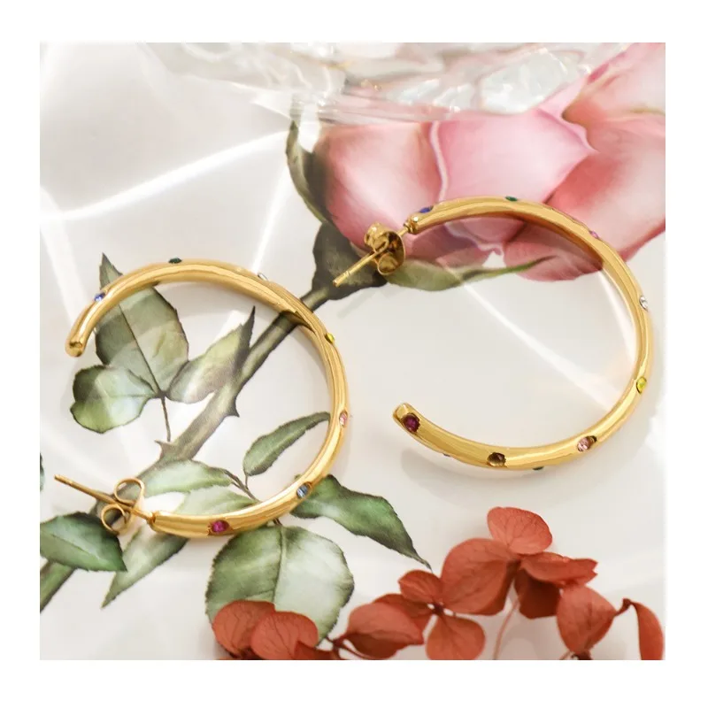 

Wind Gold Stainless Steel Large-shaped Inlaid Colored Zircon Earrings, Premium Women's Earrings