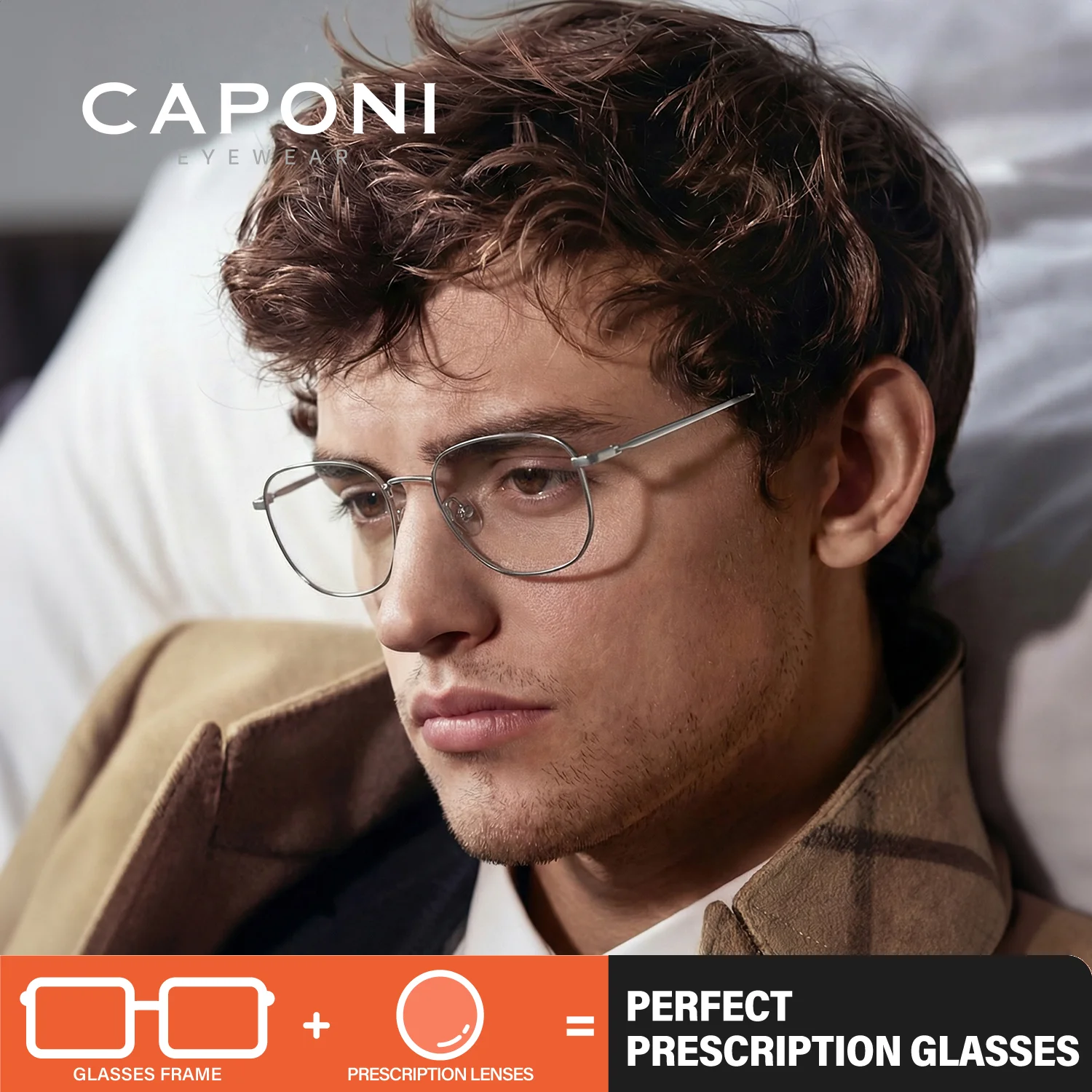 

CAPONI Prescription Classic Men Silver Glasses Titanium Optical glasses Cutomized Ultra Light Anti Blue Ray Eyeglasses PJ89168