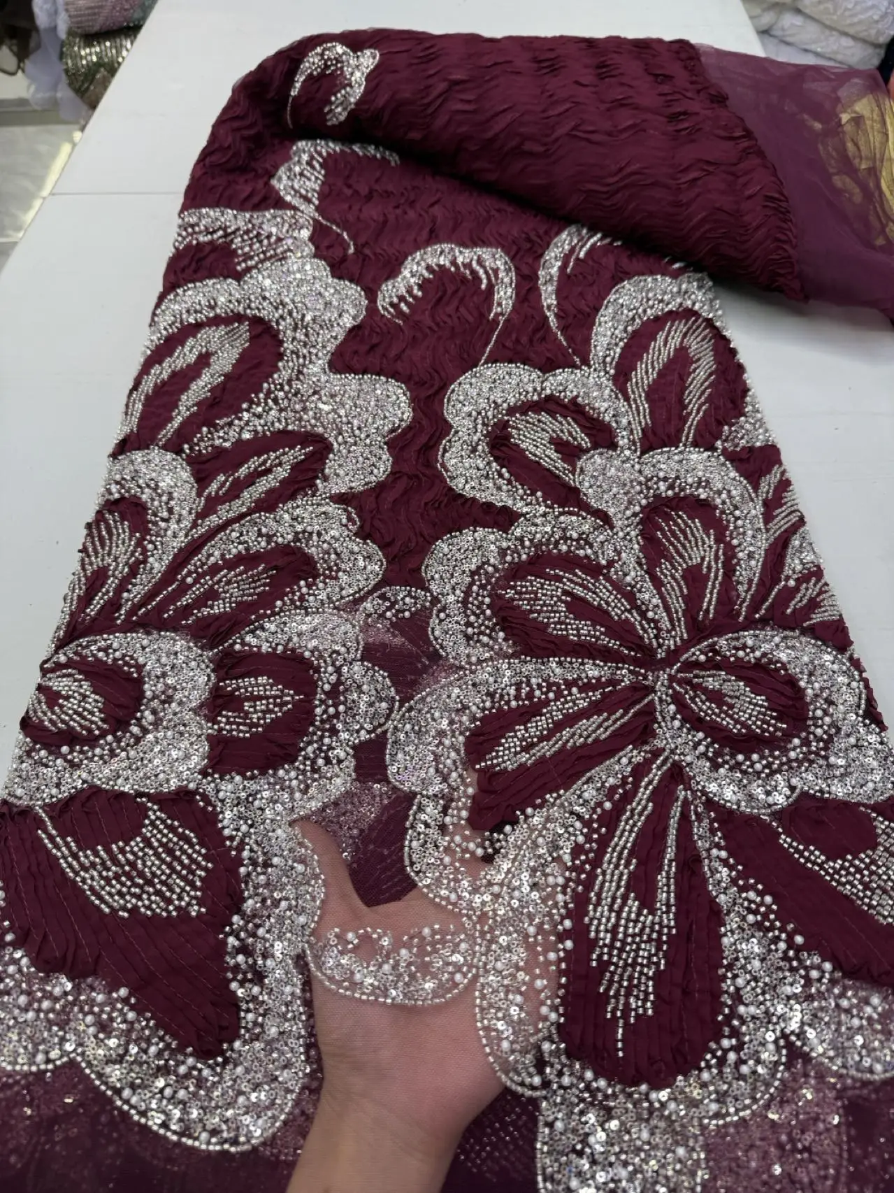 

2026 High Quality African Sequins Beaded Lace Fabric French Embroidery Beads for Nigerian Wedding Dresses Sewing 5 Yards