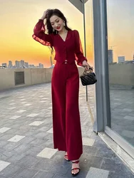 Ladies Trouser Wide Leg Women's Blouse and Pants Two Piece Set Spring Autumn Red Offer Free Shirt Shipping Korea Stylish Tailor