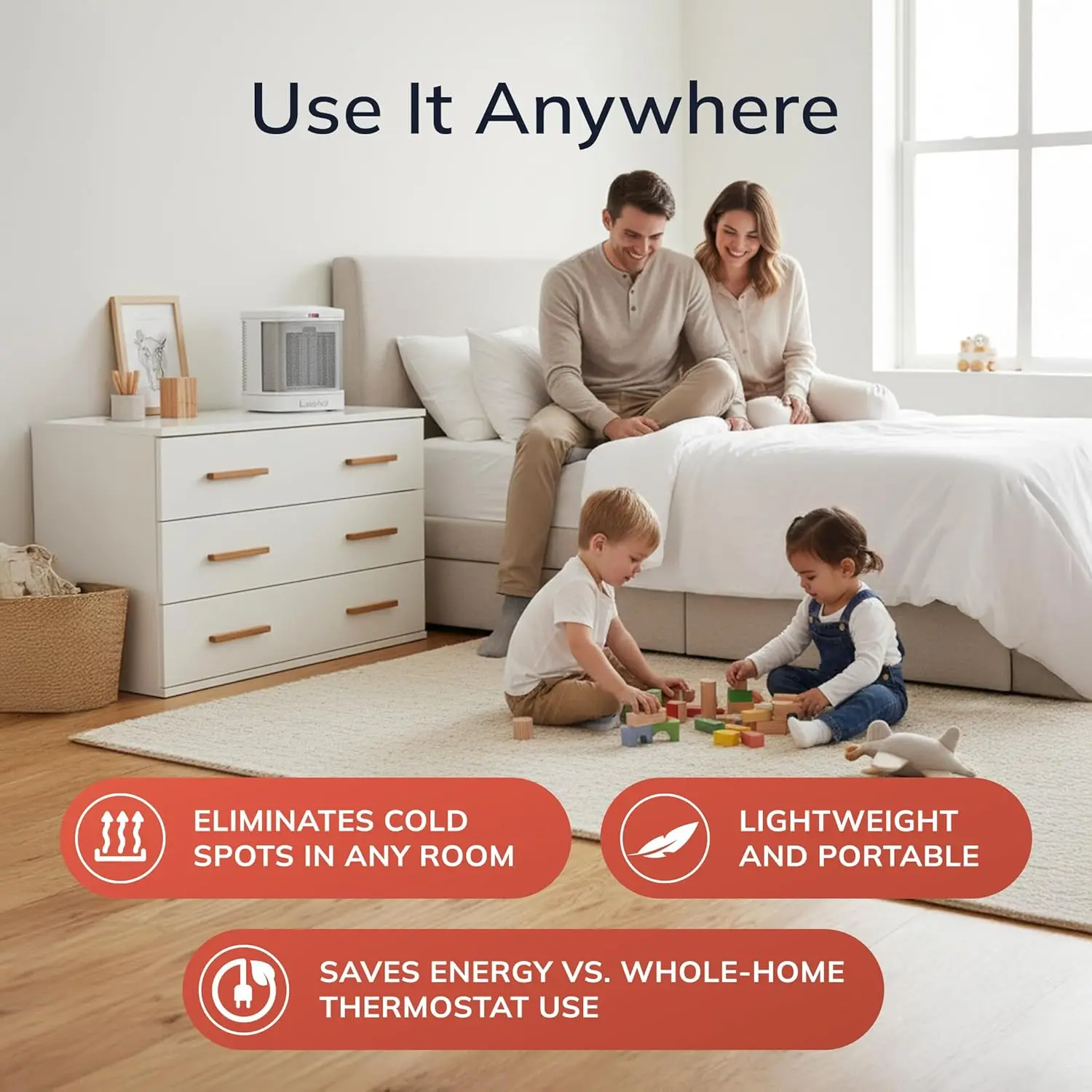 Portable Electric Ceramic Space Heater with ALCI Plug for Bathroom Use, 2 Heat Settings and Simple Heat Button, 8 Inches