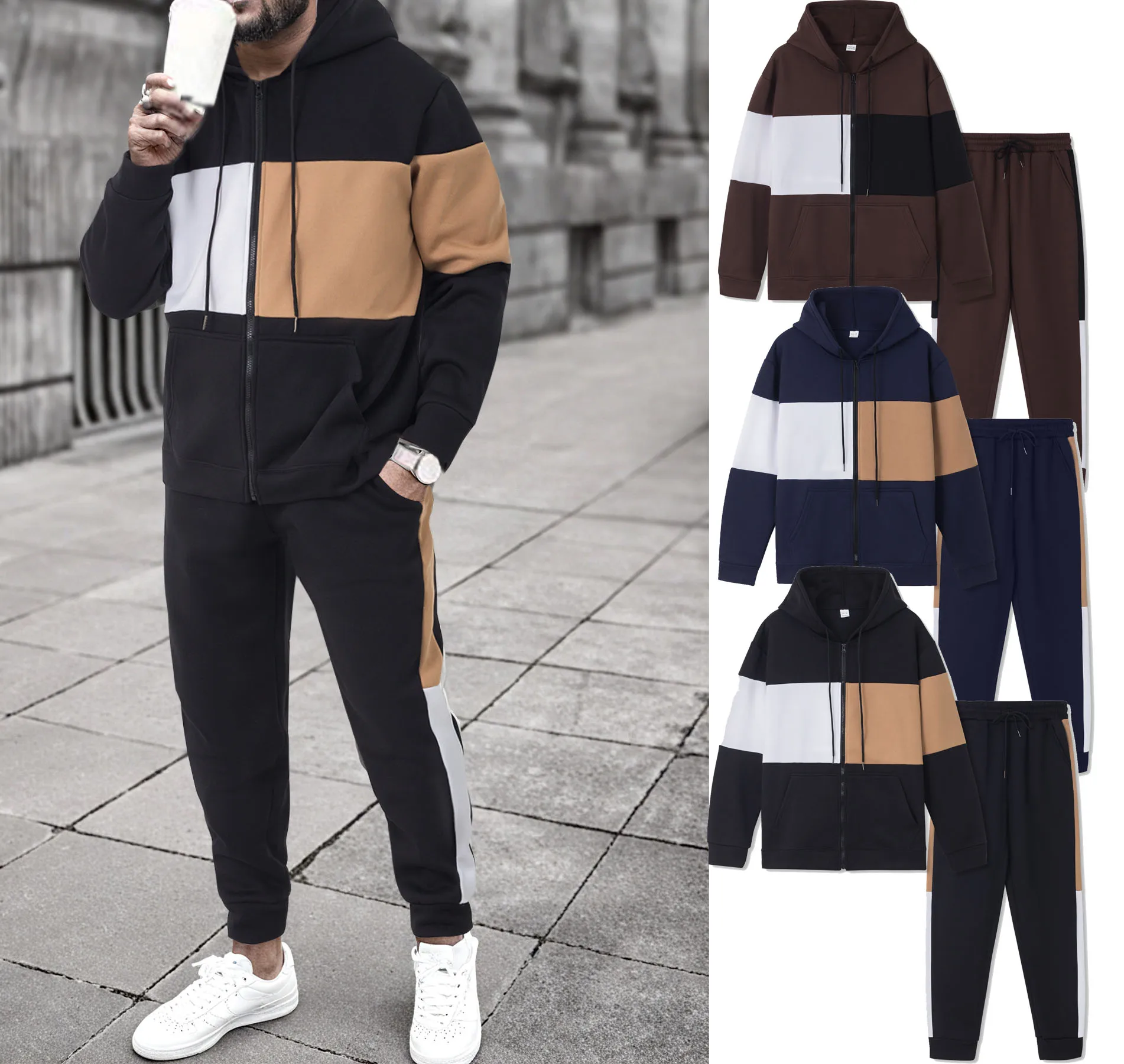 

Autumn And Winter Warm Windproof Suit Men's Sports And Leisure Contrasting Color Hoodie Hip-hop Pants 2-in-1 Sports Suit
