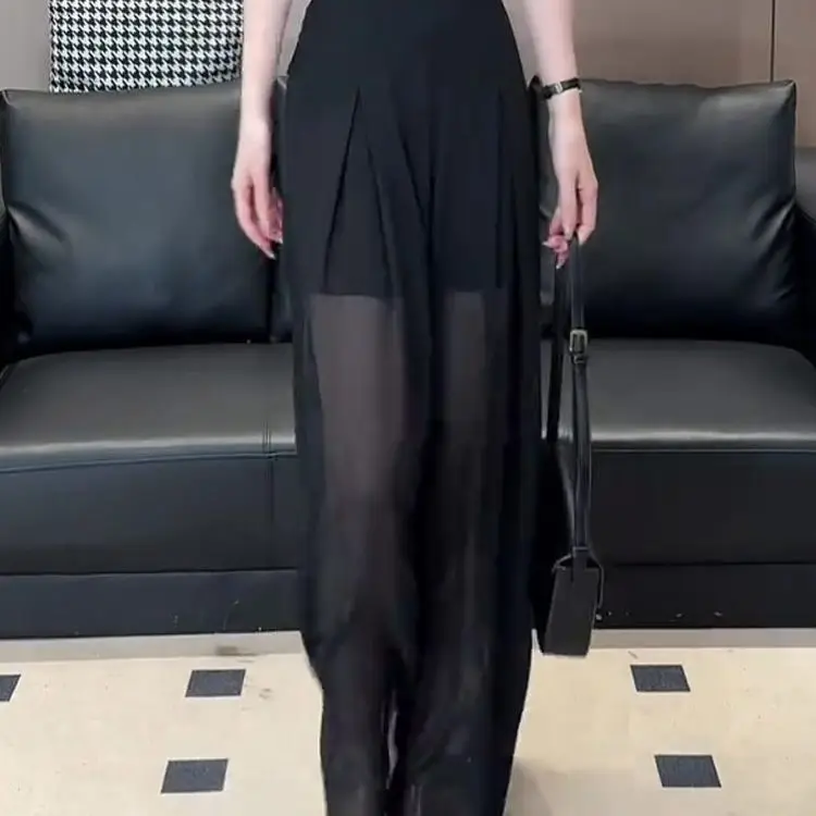 Black Ice Silk Wide Leg Pants Skirt Women's Summer Thin Sexy Hollow High Waist Slit Chiffon Straight Leg Floor-Length Pants Q146