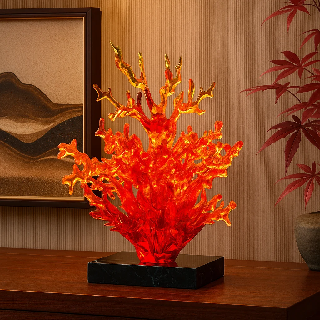 *#Q  Red Coral Resin Art Sculpture, Abstract Decor for Luxury Home & Office, High-End Ornament with Black Marble Base&