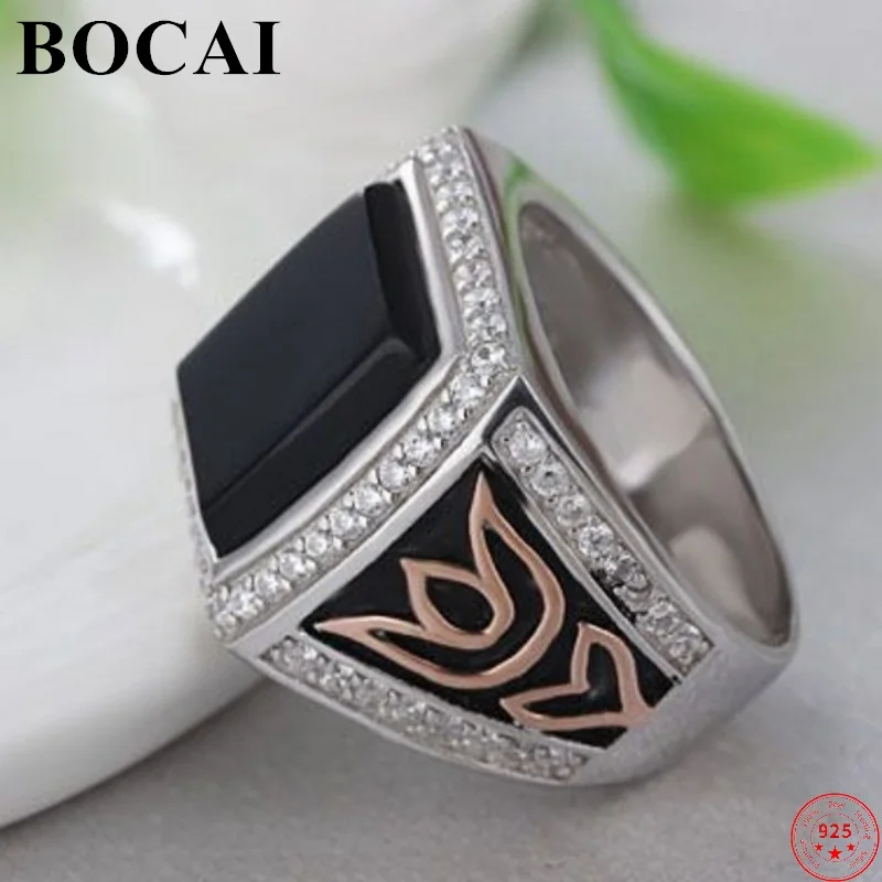 Anillo de Plata de Ley S925 BOCAI para Hombre, Alta Calidad, Retro, con Tótem Esmaltado, Ágata, Estilo de Oriente Medio, Gema de Plata Pura